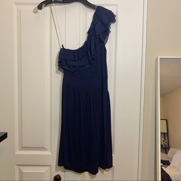 Navy One Shoulder Ruffle Dress - Picture 2 of 4